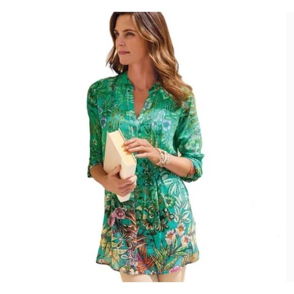 SOFT SURROUNDINGS NWT Green Luau Garden Button Front Shirt w/ Cami Dusted Blue M - Picture 1 of 10